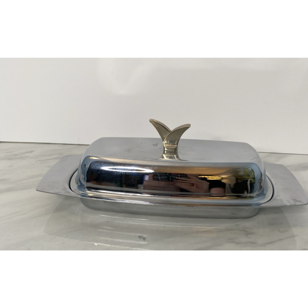 Vintage Chrome Plated Butter Dish Atomic Mid-Century Modern 2 Piece Set